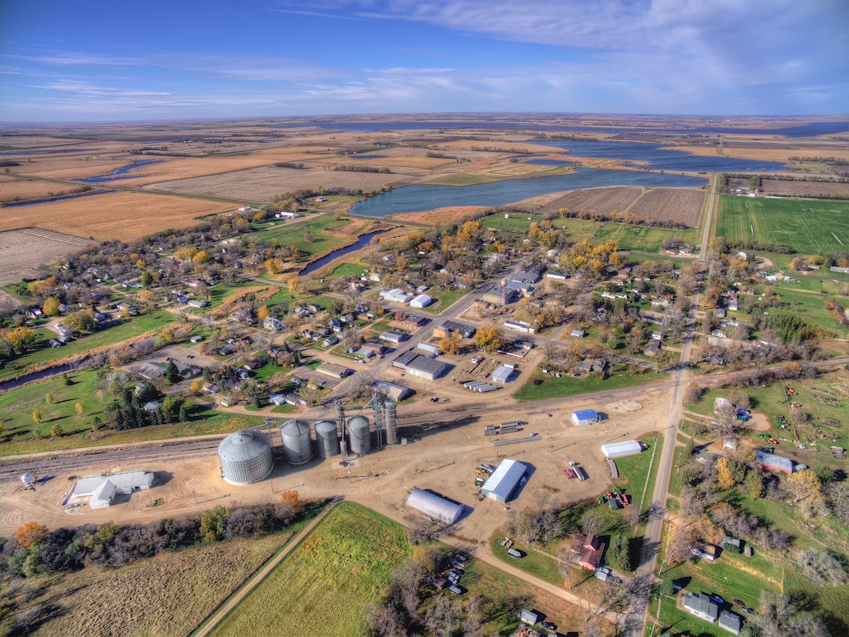 Aerial drone view of Willow Lake, a small town in rural South Dakota